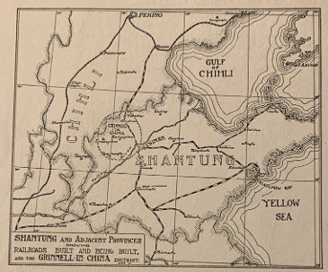 Map of North China with the Grinnell-in-China Mission compound circled and labelled