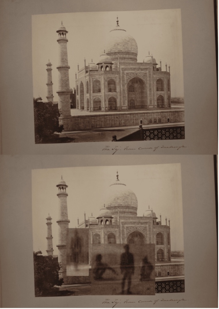 Two images, the top is an old black and white photo of the Taj Mahal. The bottom image superimposes hazy images of people on top of the original Taj Mahal image.