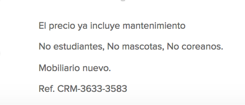 Online advertisement for housing in Mexico City. “No students, no
															pets, no Koreans.